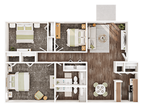 Floor plan for 3 beds, 2 baths, 1234 sqft